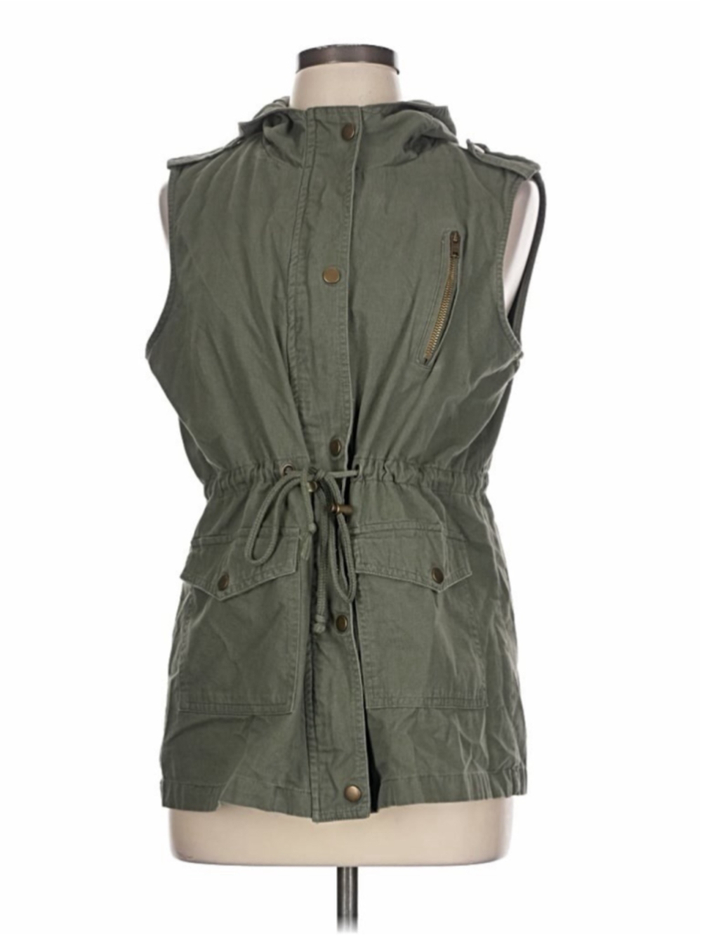 Zenana 1X Olive Green Utility Vest Hooded Cargo Drawstring Cotton Plus Size